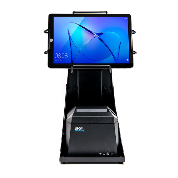 Black EZ100 tablet POS stand. Shown with TSP143IV and Universal mEnclosure, not included.