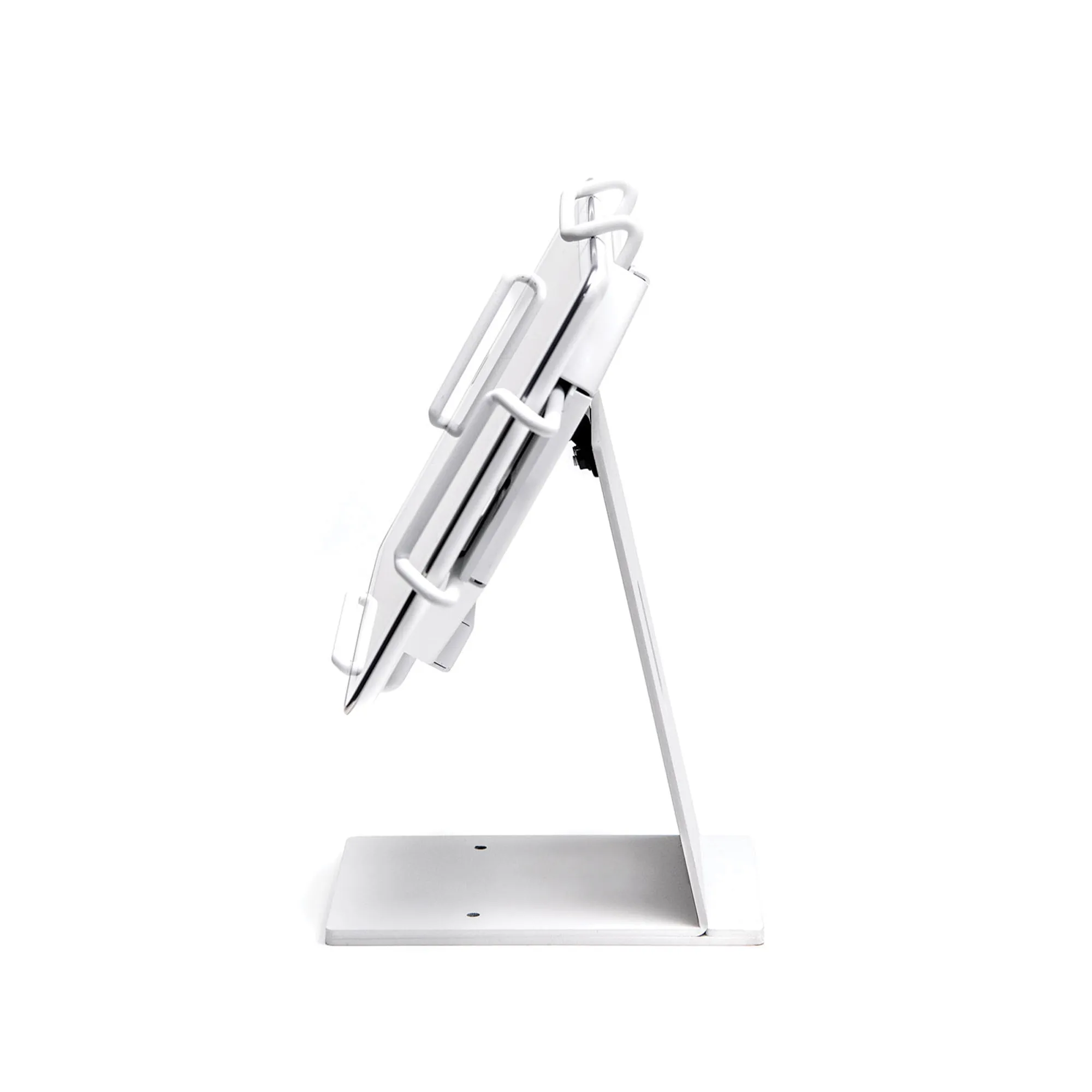 White EZ Desk Kiosk tablet stand by Star Micronics. Shown with tablet and Universal enclosure attached.