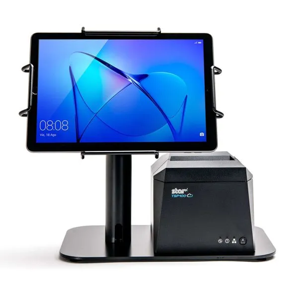 The EZ POS tablet stand by Star Micronics. Shown in black with TSP143IV receipt printer.