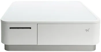 White mPOP thermal receipt printer and cash drawer in one.