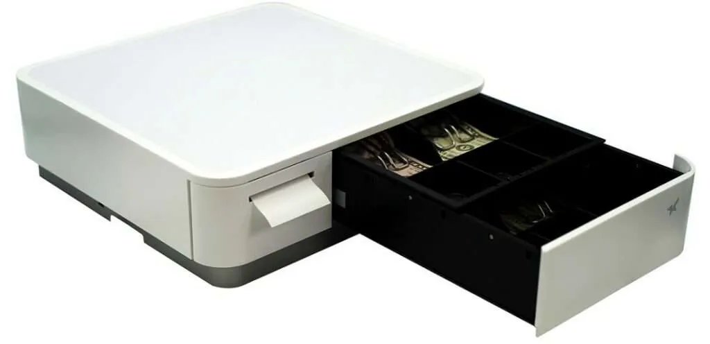 White mPOP thermal receipt printer and cash drawer in one.