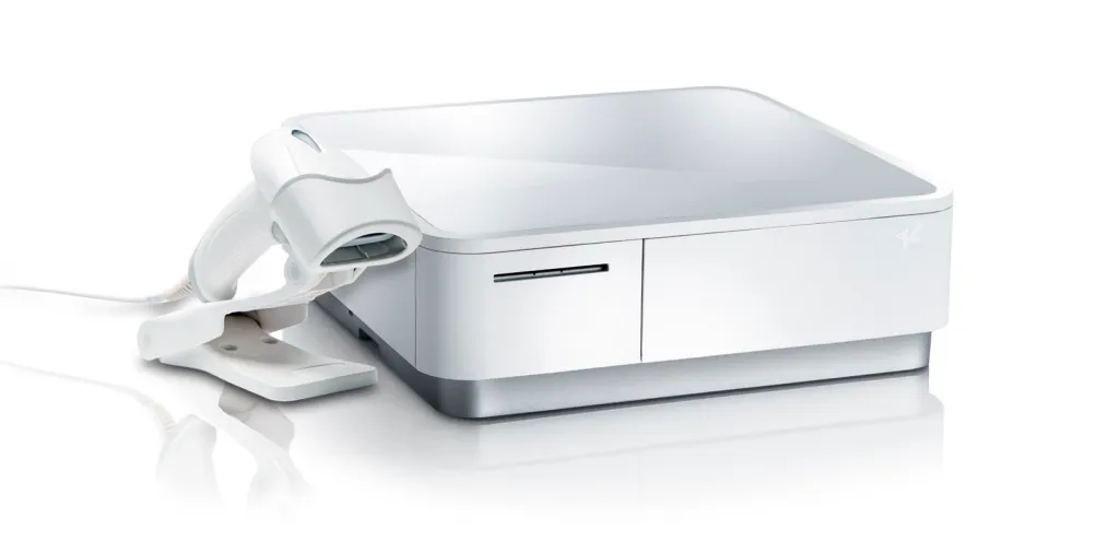 White mPOP and 2D barcode scanner by Star Micronics.