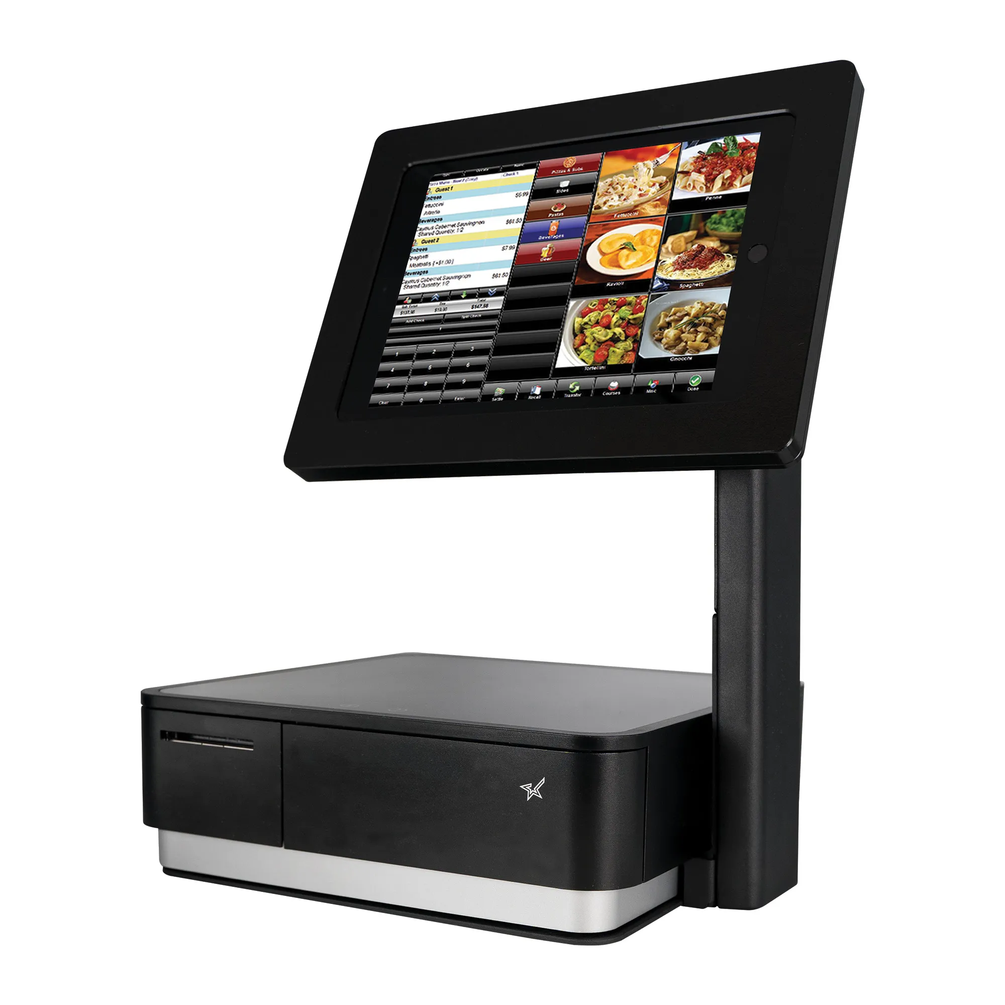 Black mUnite-POP POS tablet display stand for the mPOP receipt printer and cash drawer combo by Star Micronics. Shown with tablet and mPOP, not included.
