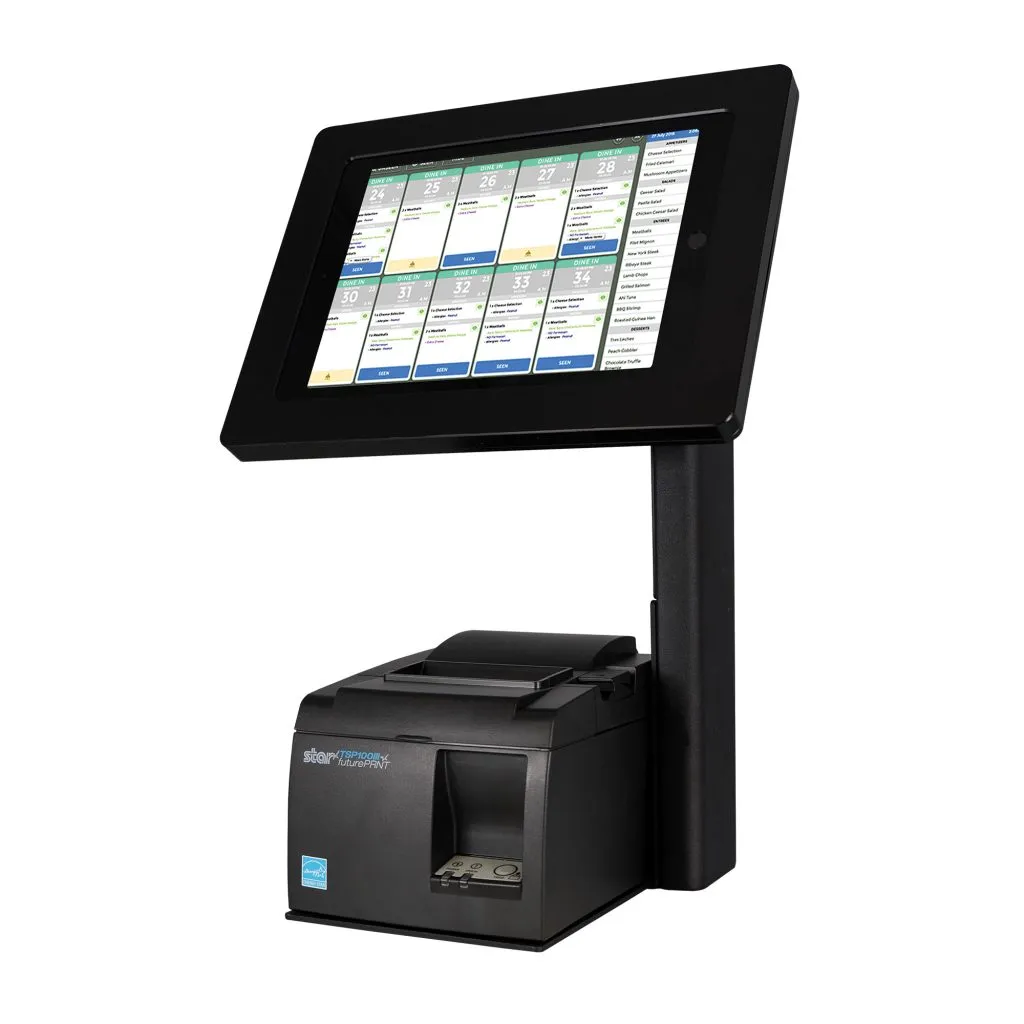 Black mUnite-POS tablet display stand by Star Micronics, show with tablet, enclosure, and TSP100III thermal receipt printer (not included).