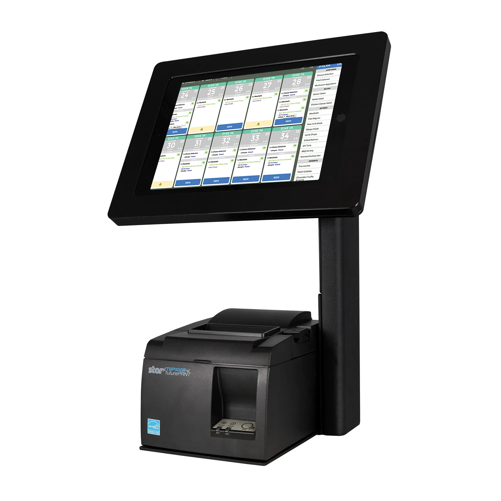 Black mUnite-POS tablet display stand by Star Micronics, show with tablet, enclosure, and TSP100III thermal receipt printer (not included).