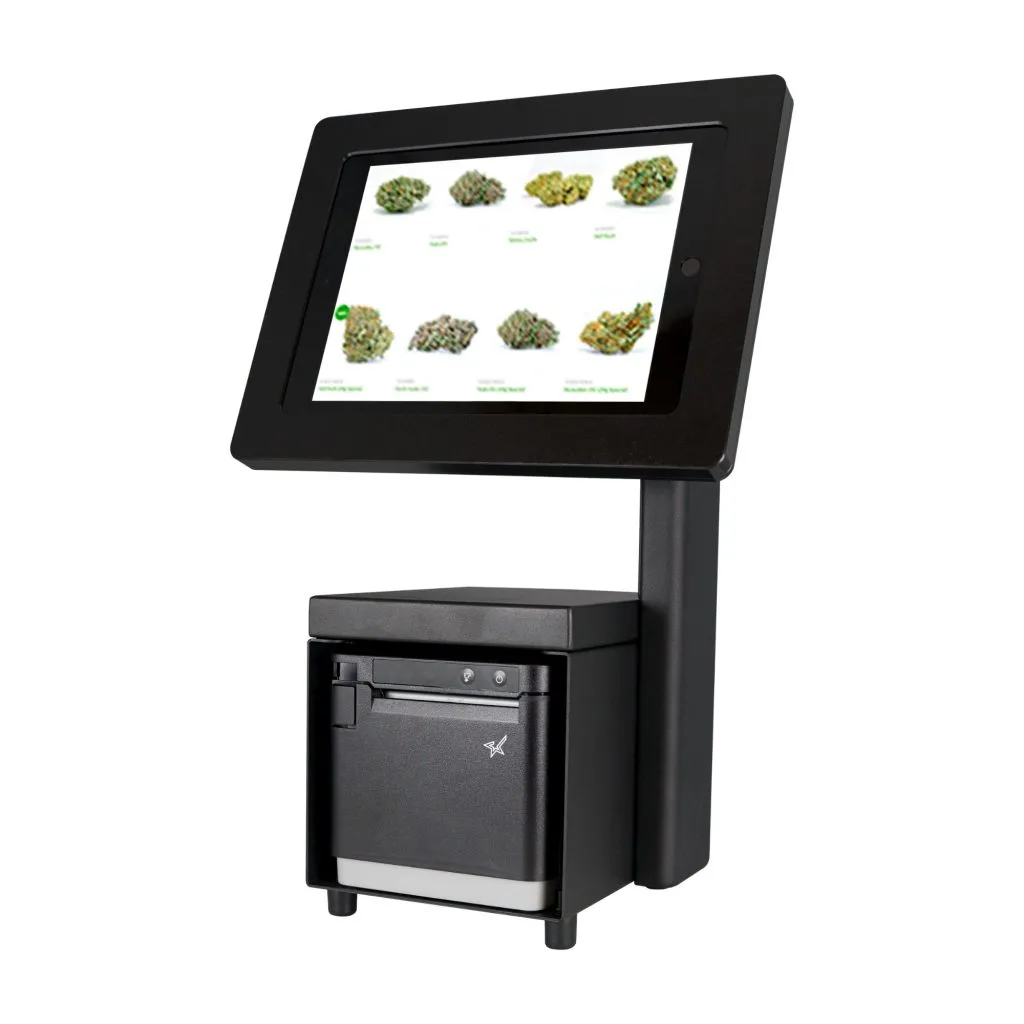 Black mUnite-3 POS tablet display stand by Star Micronics, show with tablet, enclosure, and mC-Print3 thermal receipt printer (not included).