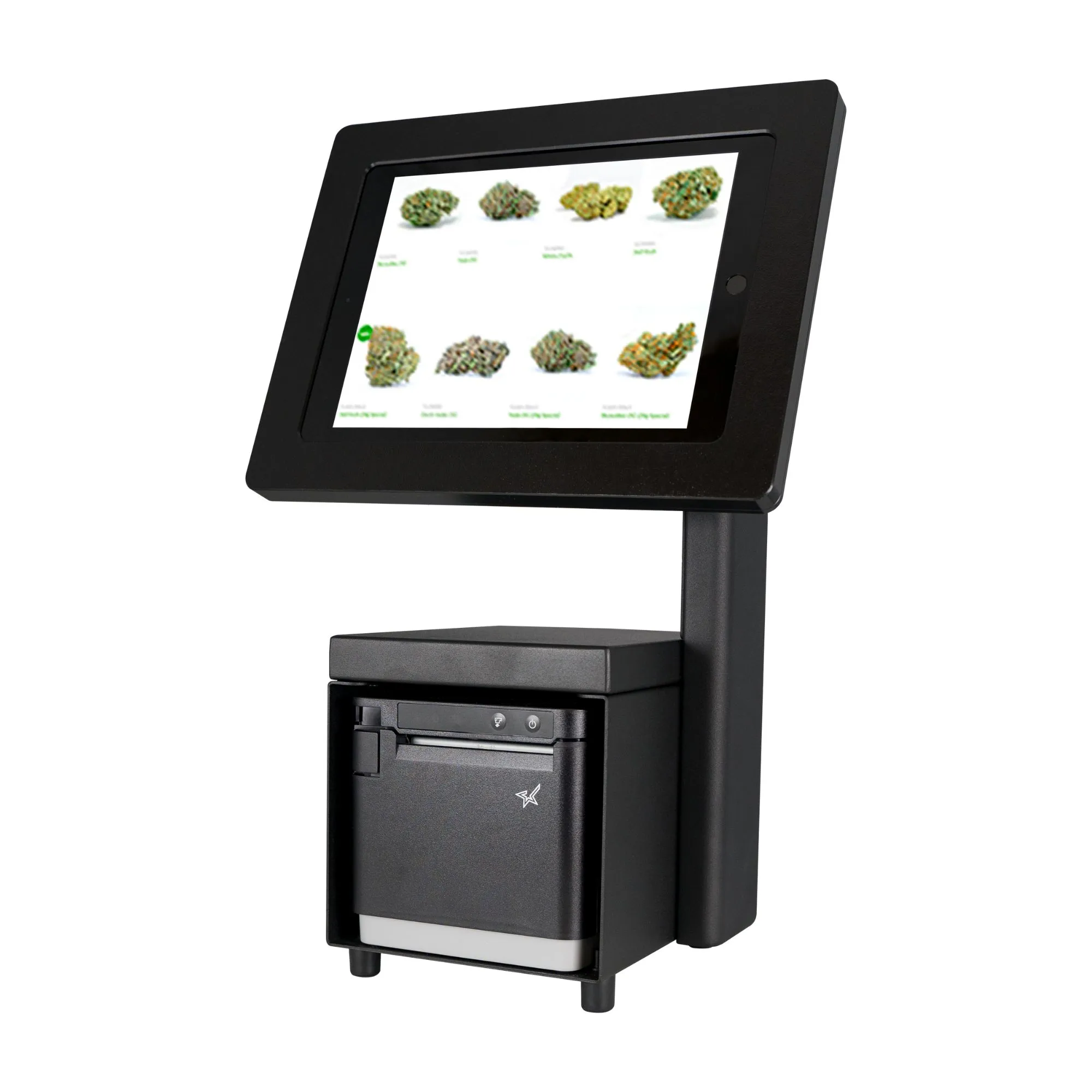 Black mUnite-3 POS tablet display stand by Star Micronics, show with tablet, enclosure, and mC-Print3 thermal receipt printer (not included).