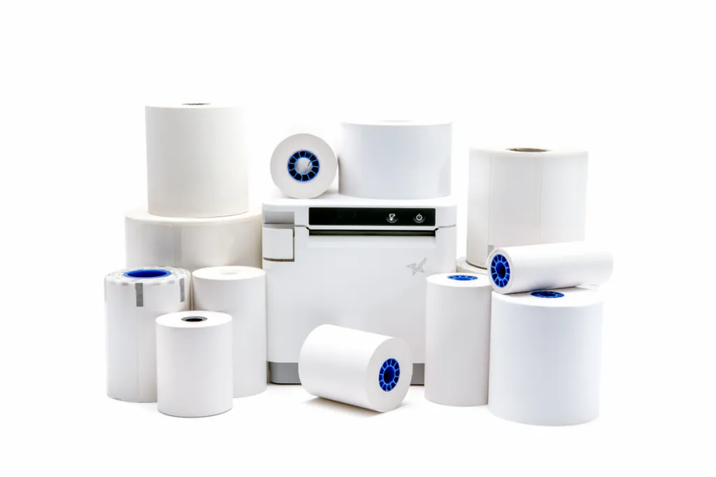 Star Blue receipt, label, and linerless label paper with white mC-Print3 thermal printer by Star Micronics.