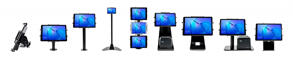 Some tablet display stands and mounts from Star Micronics' mCollection, shown with tablets in Universal mEnclosures.