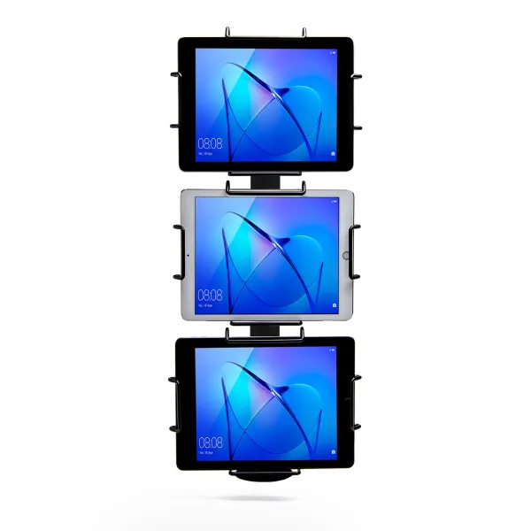 Black Tri-Mount, which holds three tablets vertically. Tablets and tablet enclosures not included. Pole mount.