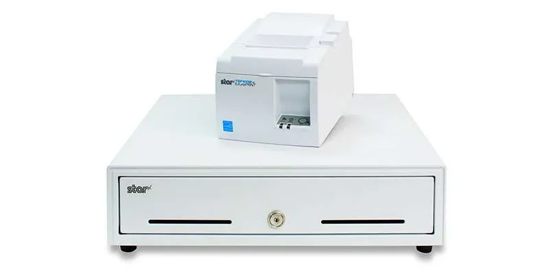 The TSP143III thermal receipt printer with an SMD2 Max Series cash drawer by Star Micronics.