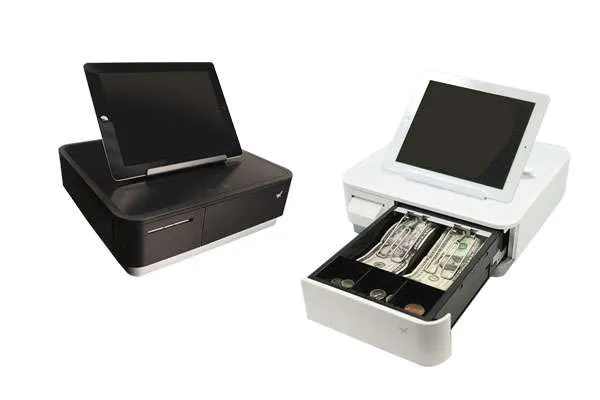 Black and white mPOP thermal receipt printer and cash drawer by Star Micronics.